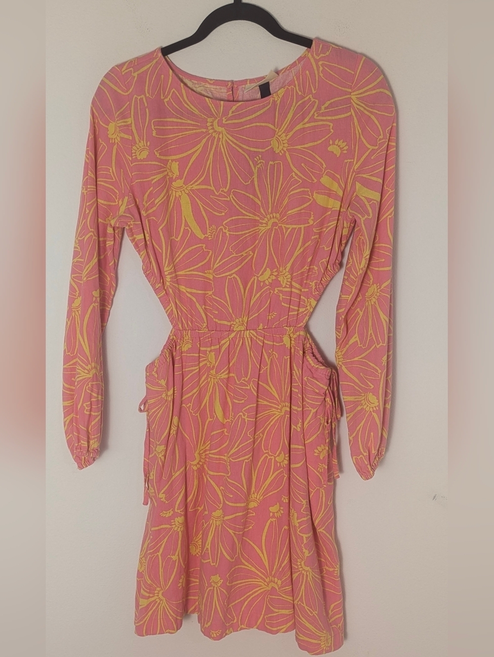 Universal Thread Cut Out Long Sleeve Mini Fit & Flare Dress Linen Pink Floral M